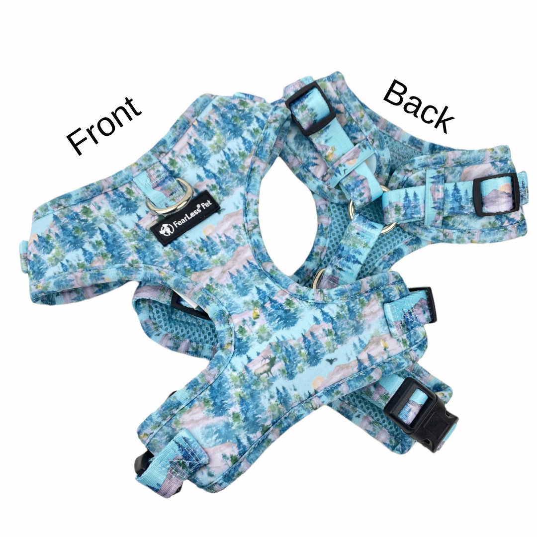 a photo showing the front and back view of our trees print dog harness