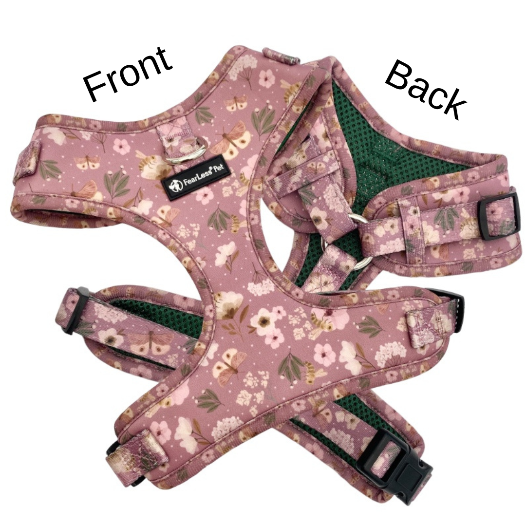 a photo showing the back and front view of a no escape harness in dusty pink by fearless pet