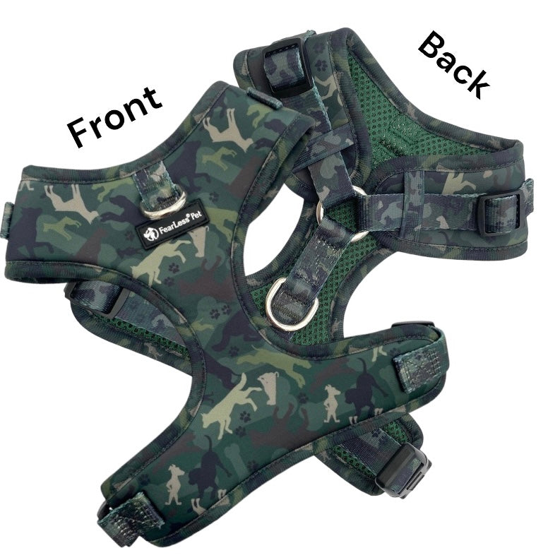 a front a back view of a neoprene green camouflage dog harness from fearless pet on a white background