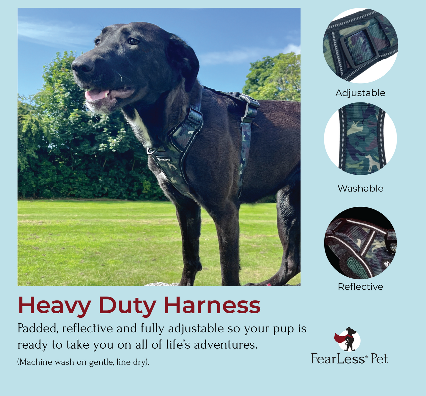 an infographic of a green camoflauge dog harness on a black dog with green grass in the background. To the side of photo are 3 bubbles indicating the harness is adjustable, washable and reflective