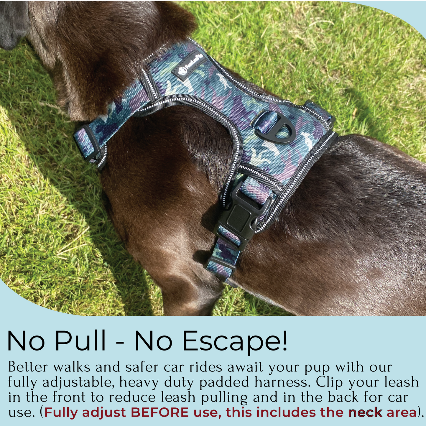 a photo of a no pull dog harness in camo print on the back of a black, large dog. Tex below indicates harness is no pull and no escape