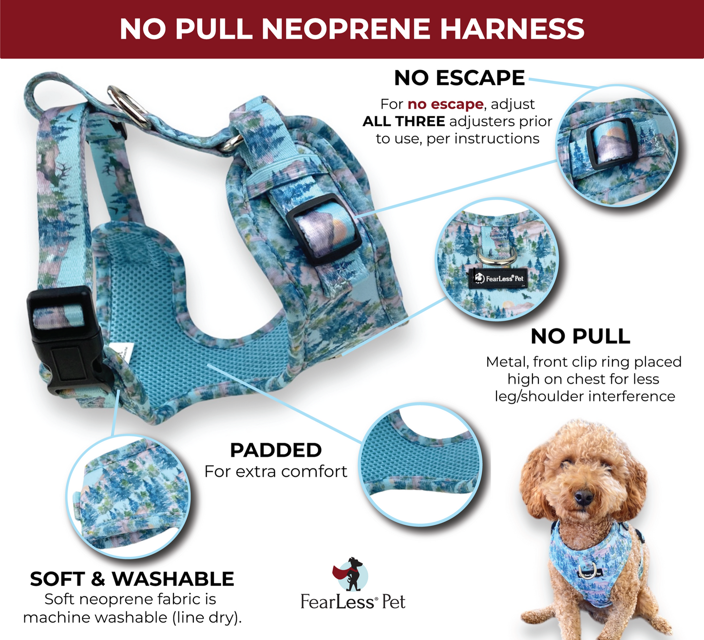 an infographic for a no pull no escape dog harness from fearless pet