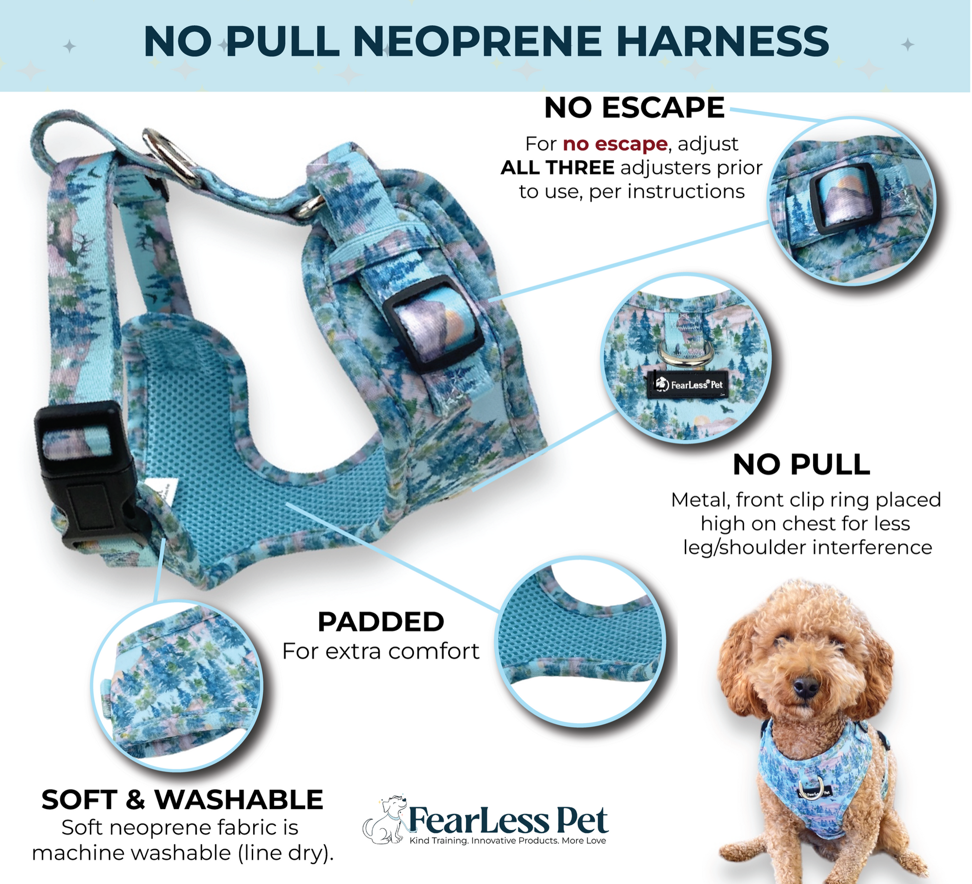 an infographic showing a trees watercolor print escape proof dog harness that is also a no pull padded dog harness for small dogs