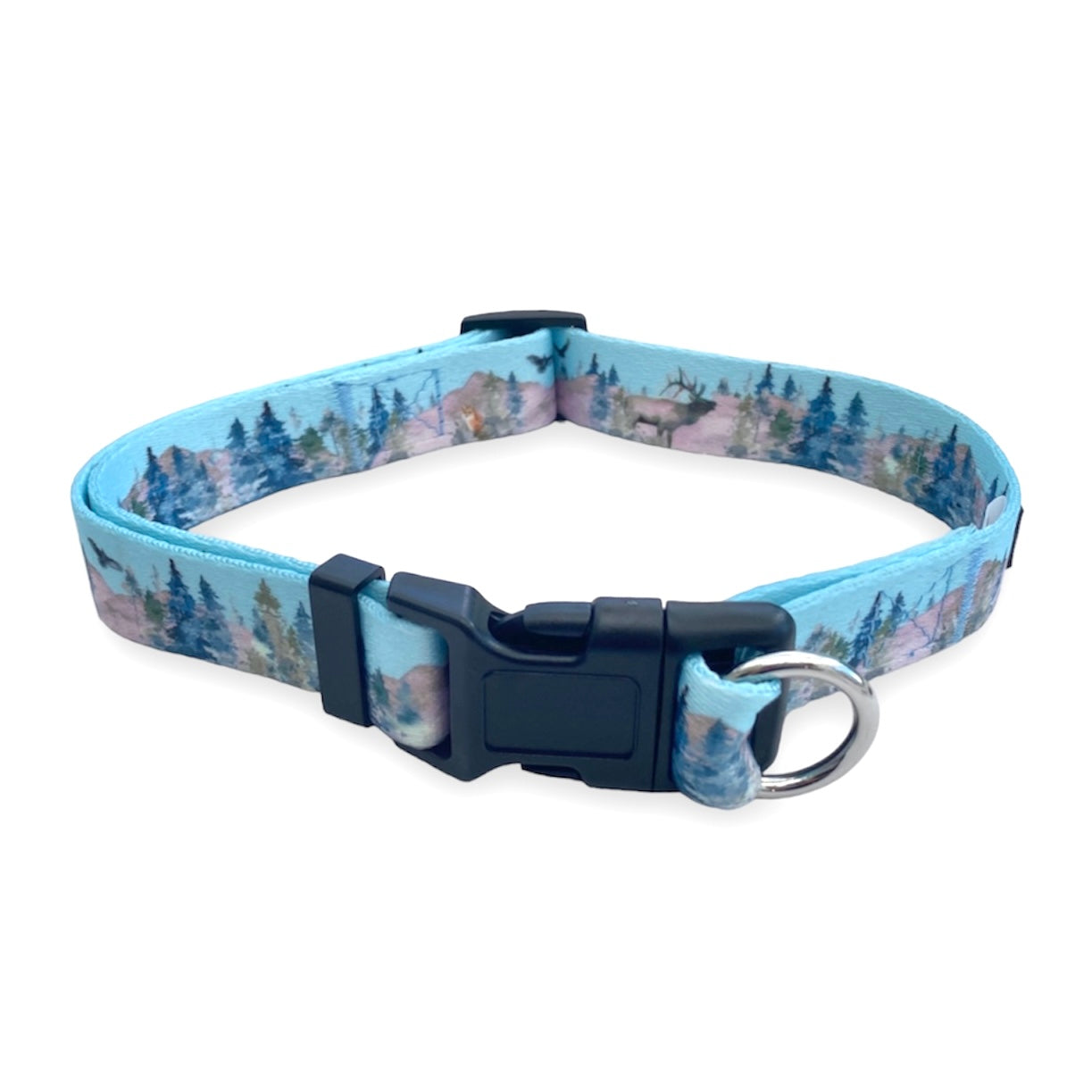 a photo of a trees and mountains watercolor print safe cinch collar by fearless pet against a white background