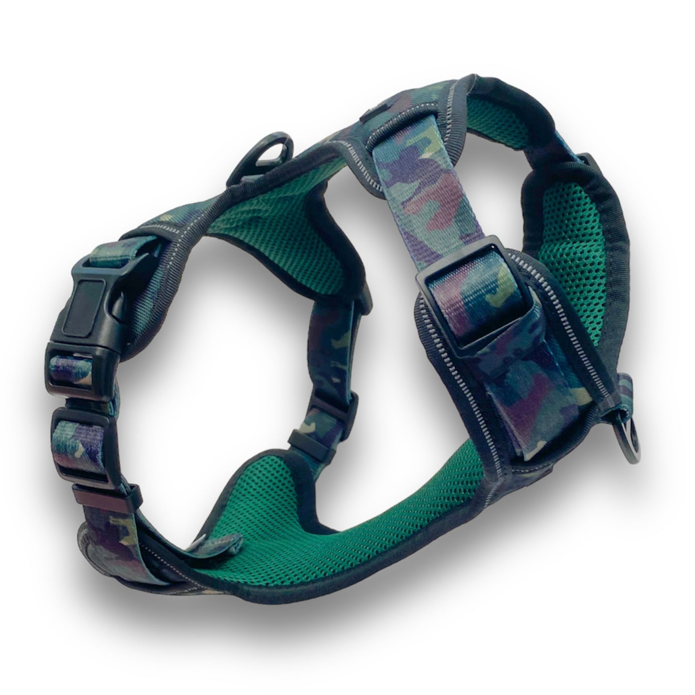 a 3d photo of a green camouflage heavy duty dog harness by fearless pet