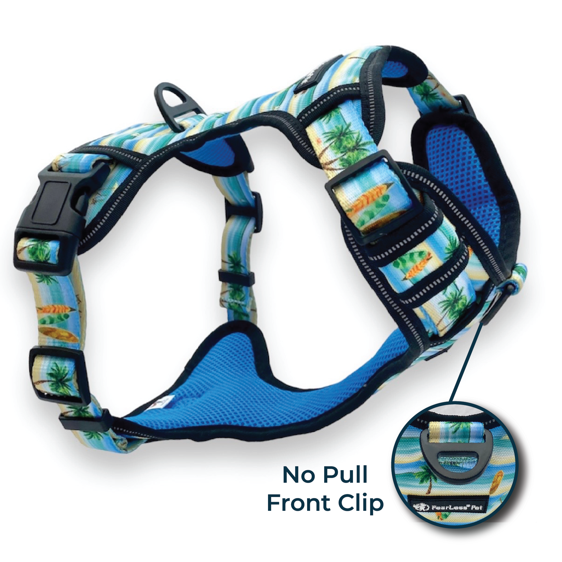 a 3d image of a large dog harness with a no pull front clip in a beach theme print from fearless pet