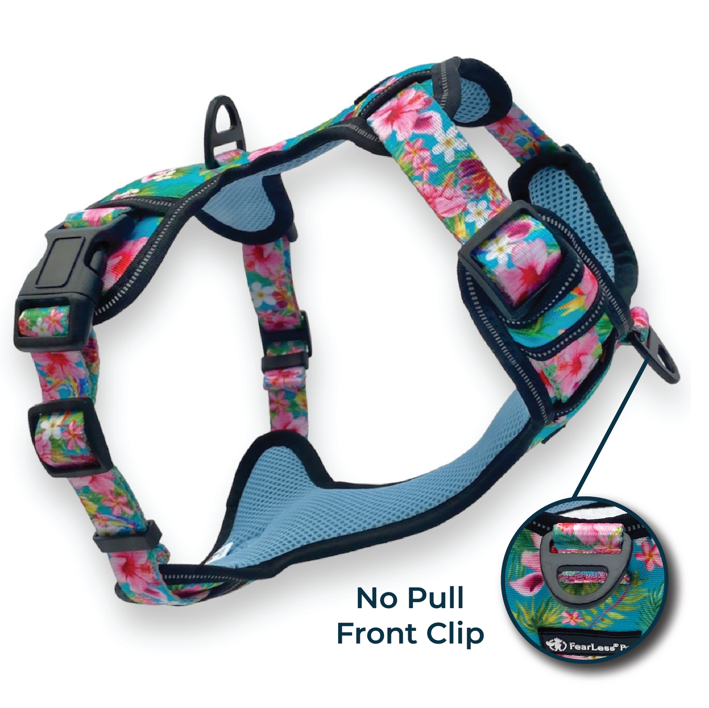 an image of a teal Hawaiian floral print large dog harness with a front clip and neck adjusters from fearless pet no escape large dog harness