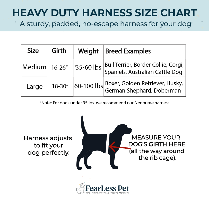 a size chart for a no pull large dog harness from fearless pet