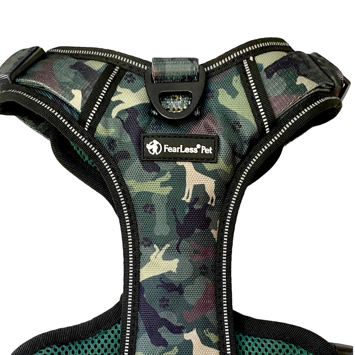 a front close up picture of a no pull front clip dog harness in a green camo print and a fearless pet logo