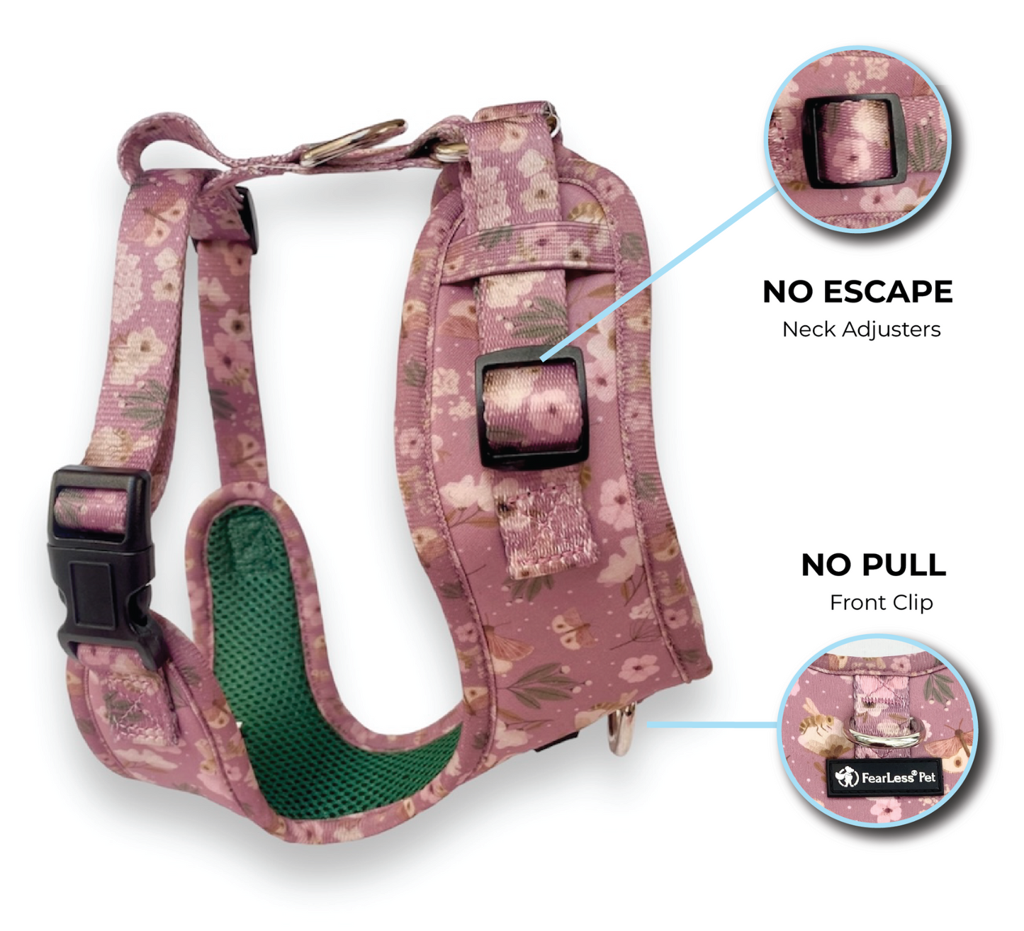 an image of a dusty rose colored pink small dog harness with bees and butterflies no escape dog harness from fearless pet for small and medium dogs
