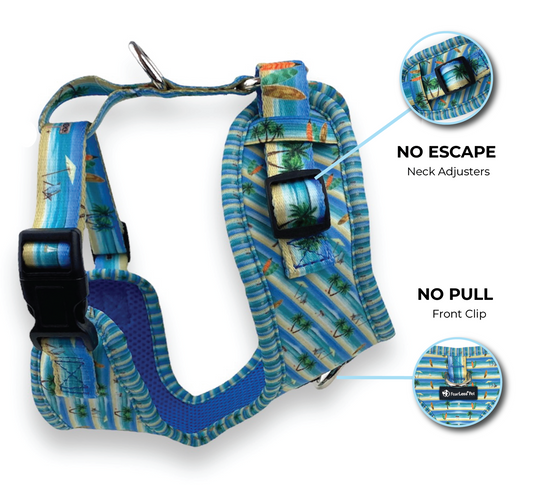 an image of a beach print dog harness no pull harness for small and medium dogs with neck adjusters for no escape dog harness