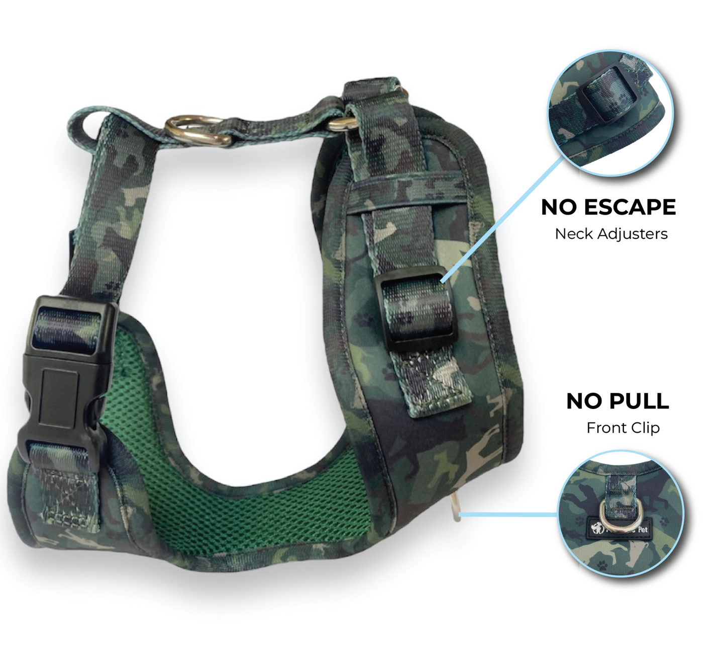 an image of a no pull green came dog harness from fearless pet with neck adjusters for no escape dog harness