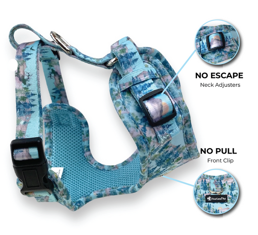 an image of a light blue no pull dog harness for small and medium dogs with watercolor trees forest print fearless pet dog harness