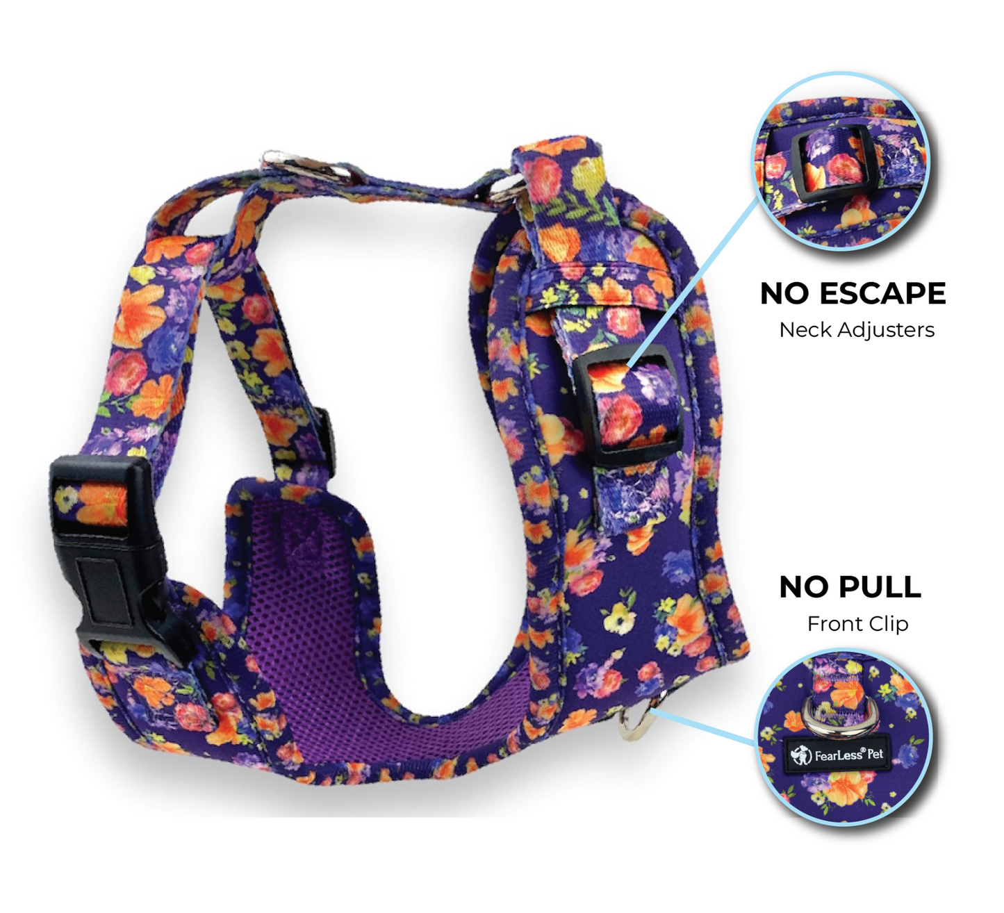 an image of a purple floral no pull no escape dog harness from fearless pet