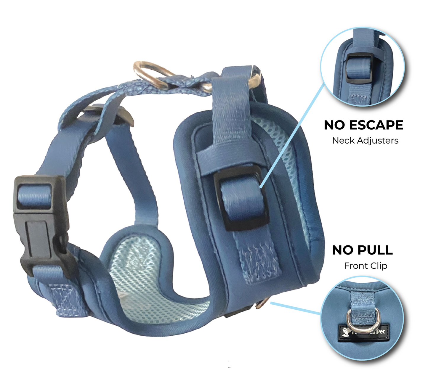 an image of a small steel blue dog harness for small and medium dogs with a front clip harness from fearless pet