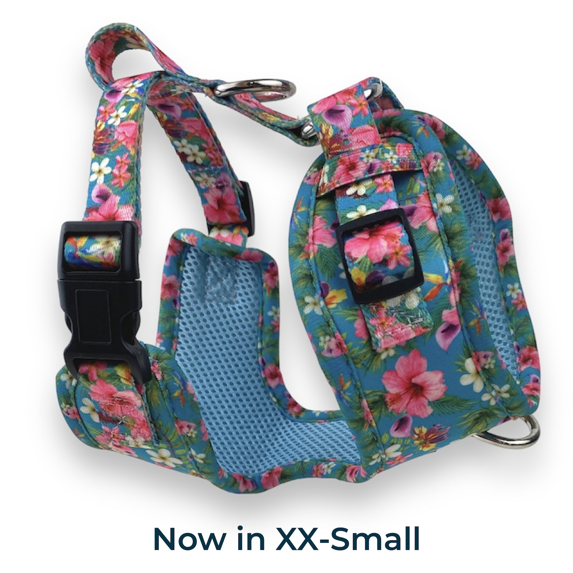 an image of a small no escape dog harness in a blue and pink floral print from fearless pet