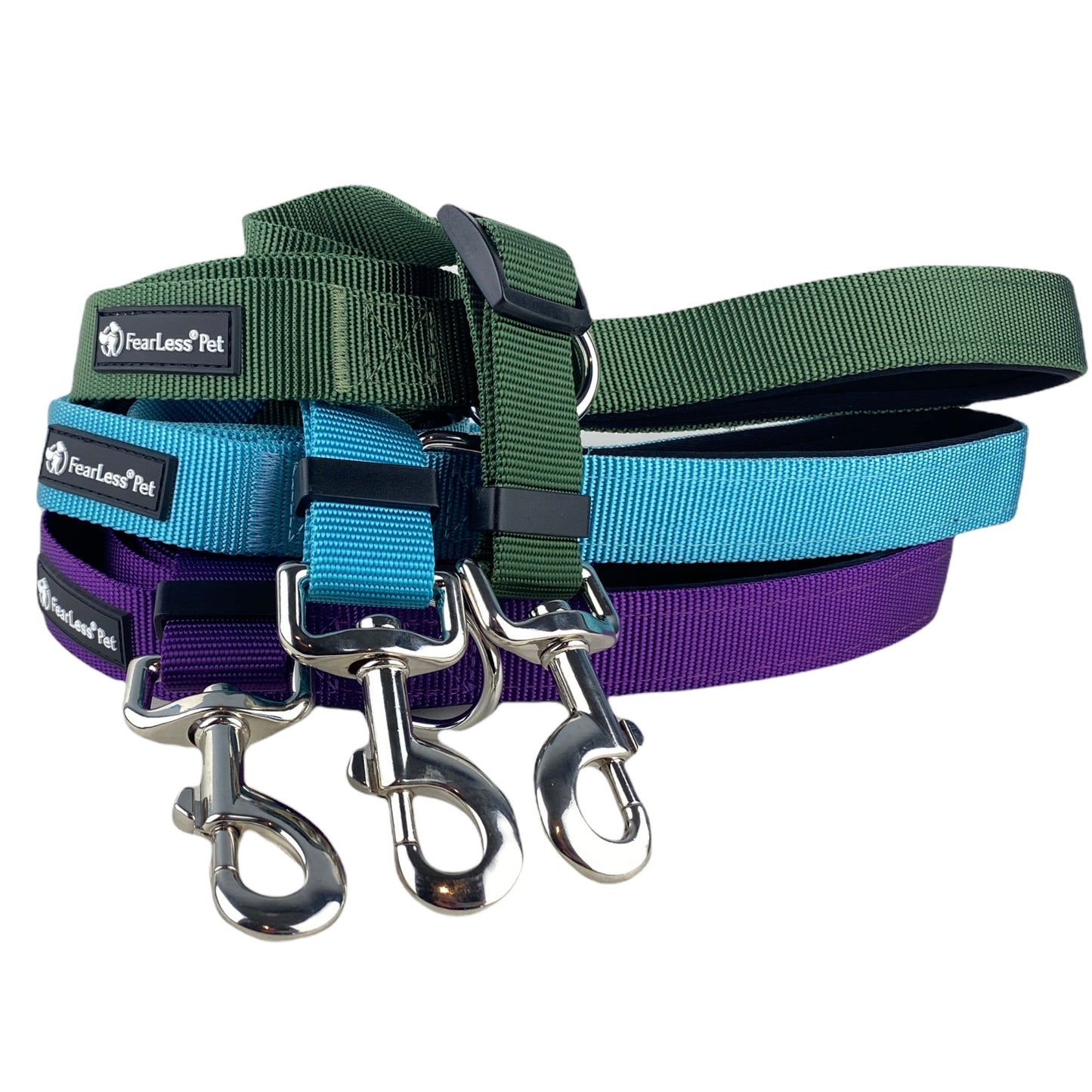 a photo of three adjustable leashes rolled up and stacked against a white background the leashes are green, teal blue and purple