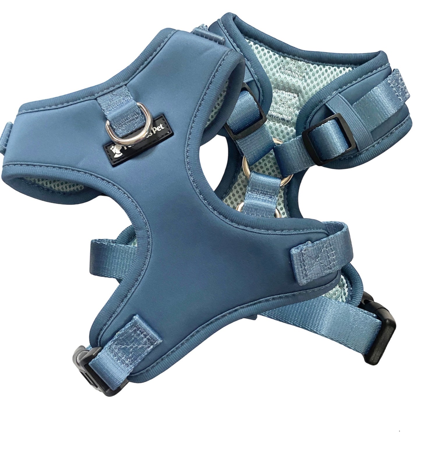 a photo graph of a blue no pull dog harness for small dogs from fearless pet