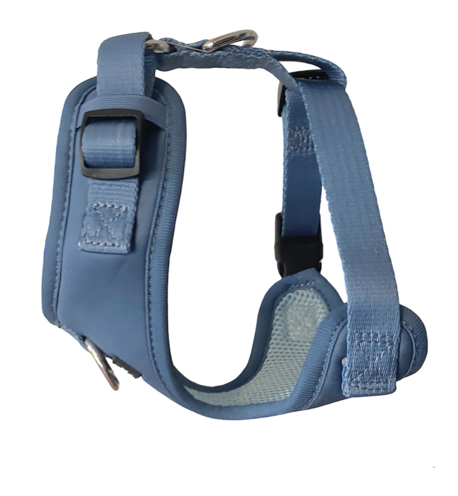 a side view image of a blue harness for small dogs from fearless pet