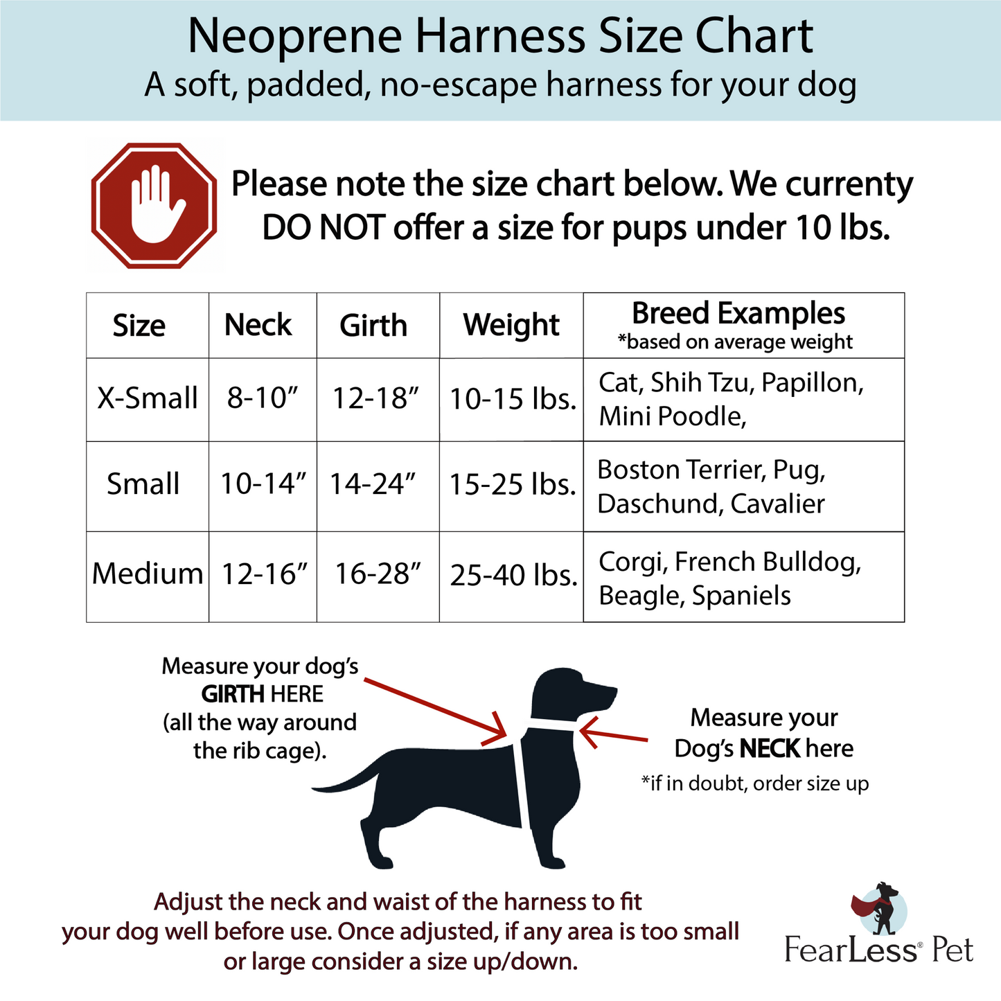 a size chart for extra small, small and medium dog harnesses from fearless pet. the size chart shows weights and measurements for the harness