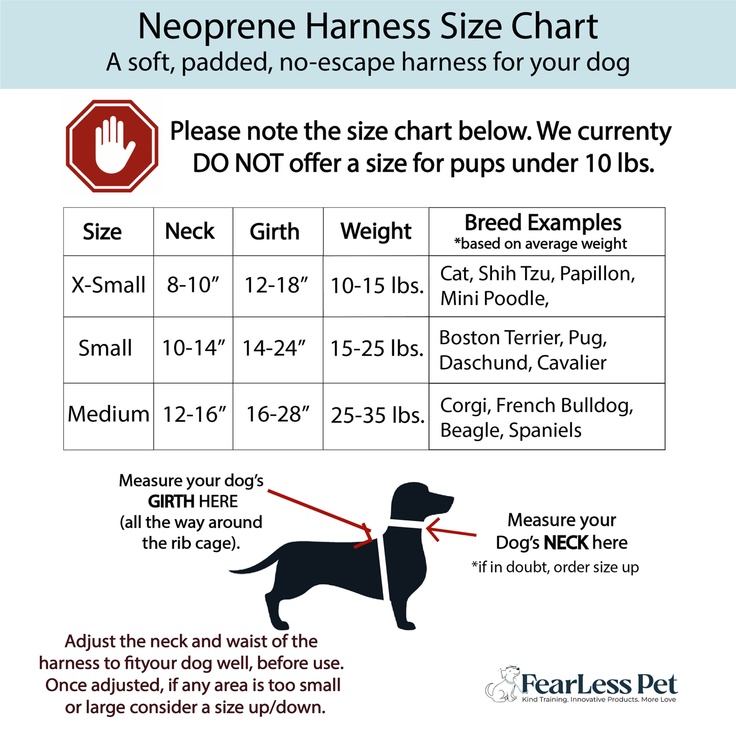 a size chart for fearless pet harnesses in sizes extra small, small and medium harness to fit large cats, Boston terrier harness, French harness