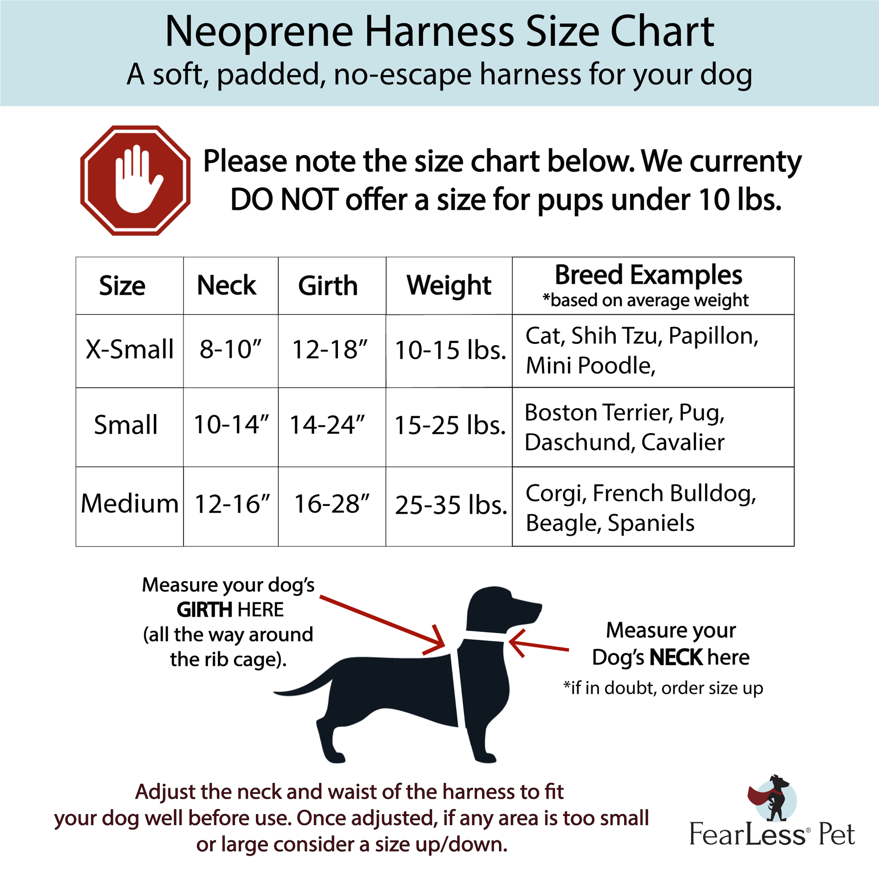 a size chart for a small and medium no escape dog harness by fearless pet breeds include papillon Boston terrier and beagle dog harness