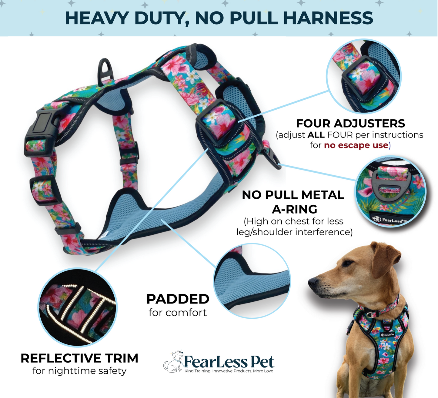 an infographic for a fearless pet dog harness that is a no pull large dog harness and also an escape proof harness for medium and large dogs