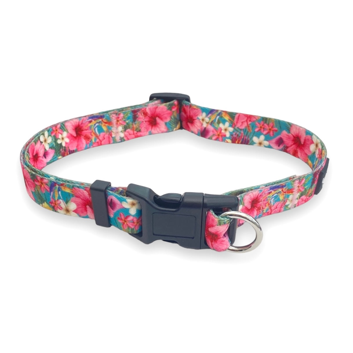 a photo of a pink floral no escape safe cinch dog collar by fearless pet