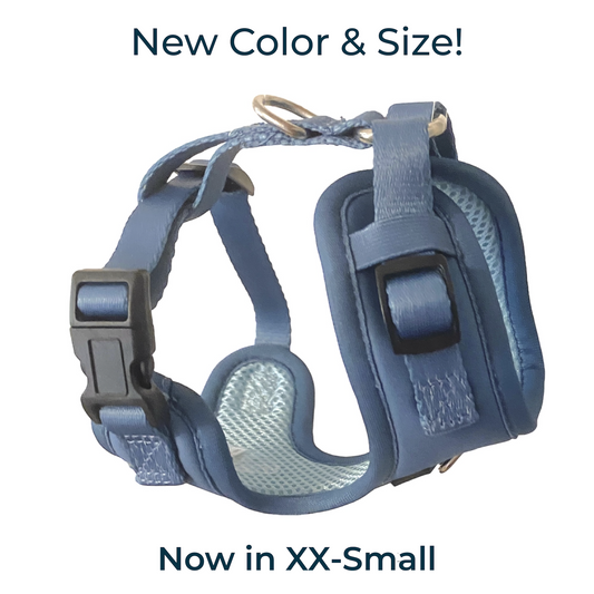 an image of a no pull XXsmall dog harness in a steel blue color from Fearless Pet
