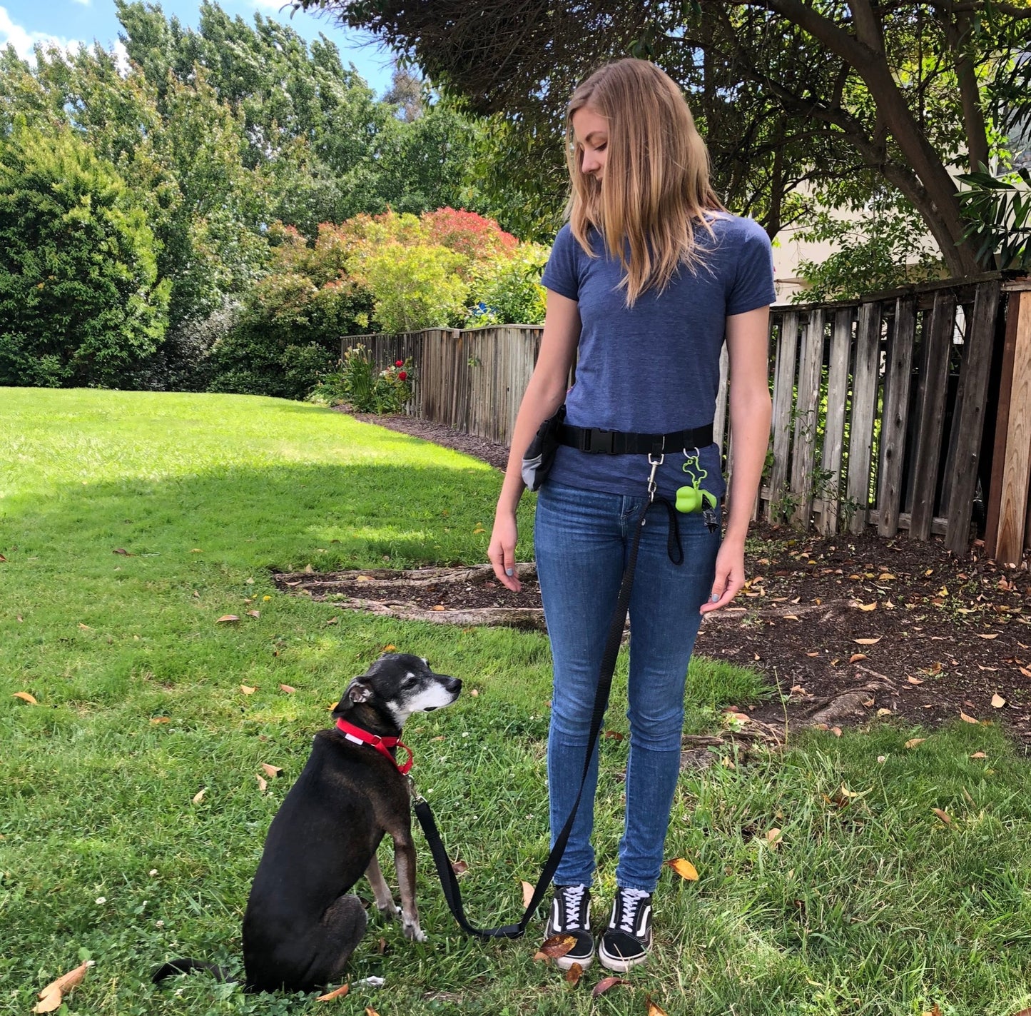a photo of a your woman standing on grass with a black dog wearing a leash attached to her with a belt