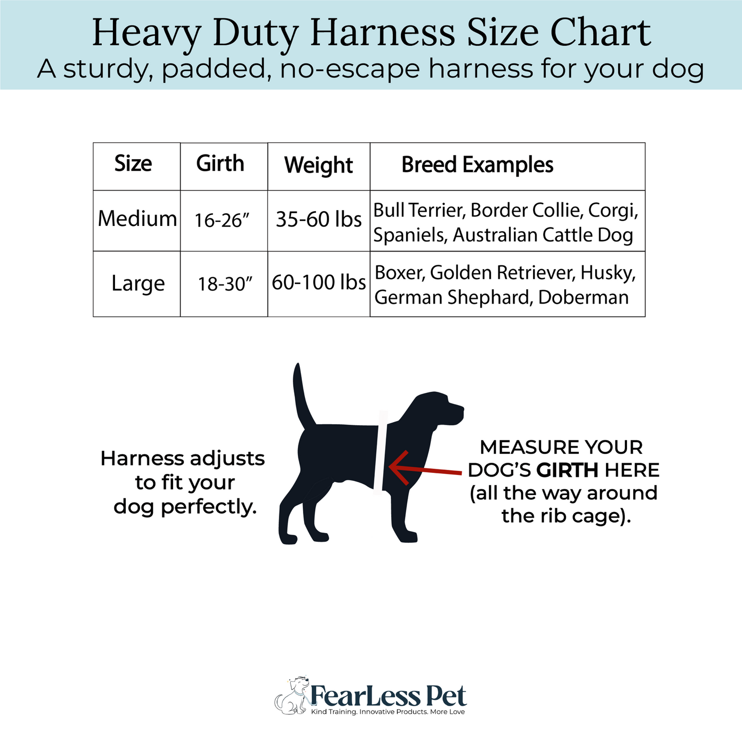 a harness size chart for fearless pet no pull dog harness in sizes that fit medium and large dogs