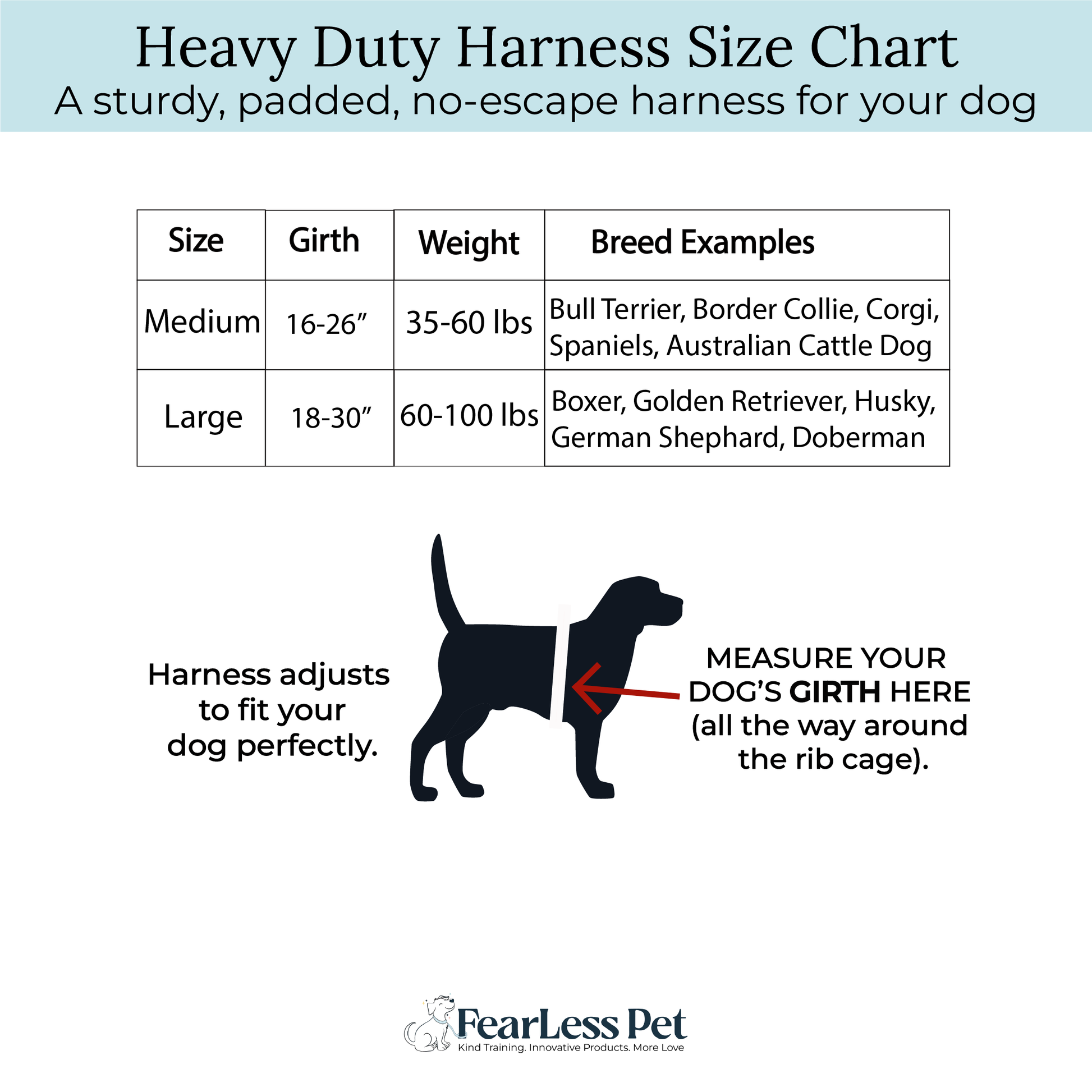 a size chart for fearless pets heavy duty no pull dog harness for medium and large sized dogs