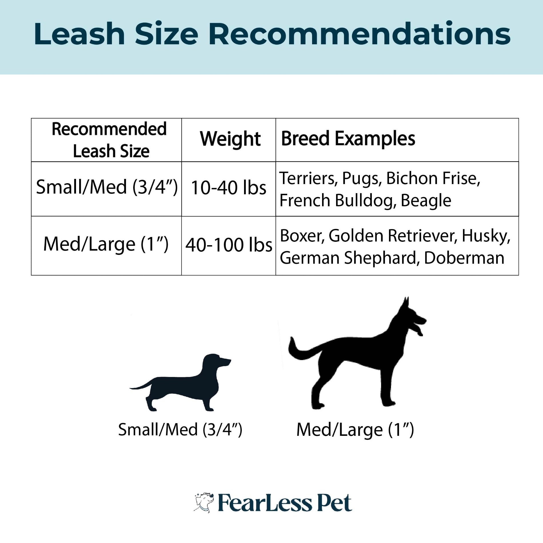 a leash size chart for an adjustable leash for small medium and large dogs from fearless pet