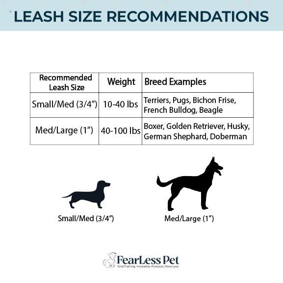 a size chart from fearless pet for adjustable dog leash