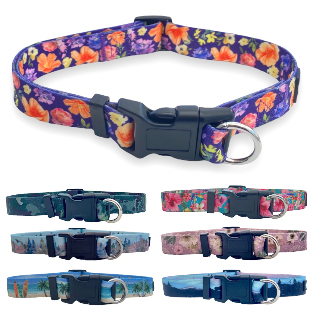 a photo showing seven different prints of safe cinch no escape dog collars by fearless pet