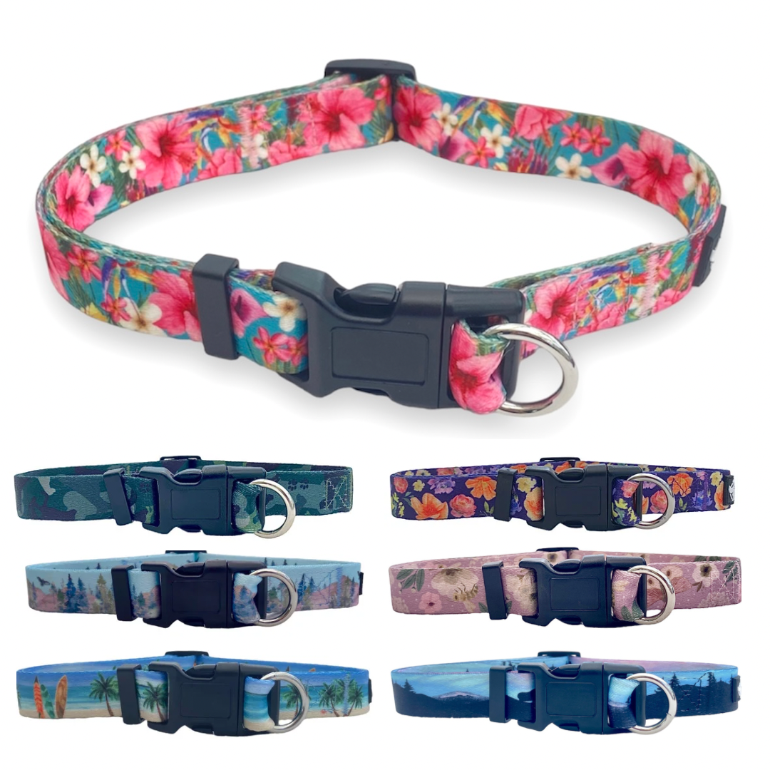 a photo of seven collar options for fearless pets safe cinch dog collar in seven different prints