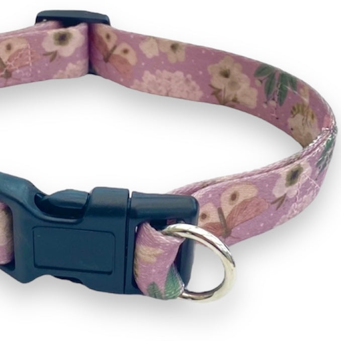 a close up of a safe cinch dog collar in a soft pink color with butterflies and bees dog collar