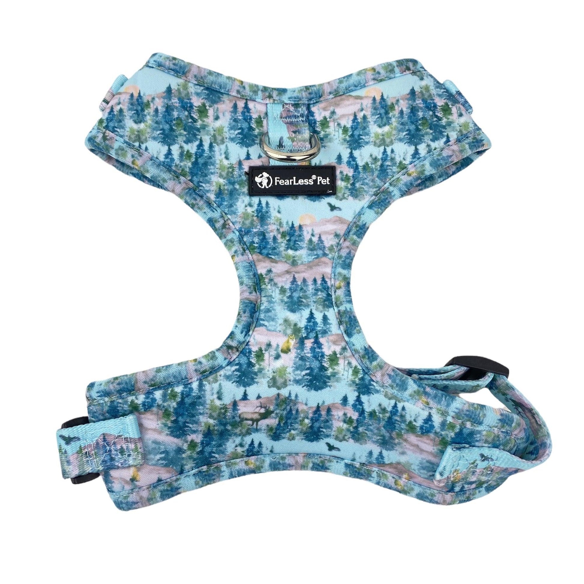 front view of our trees forest outdoor print dog harness 