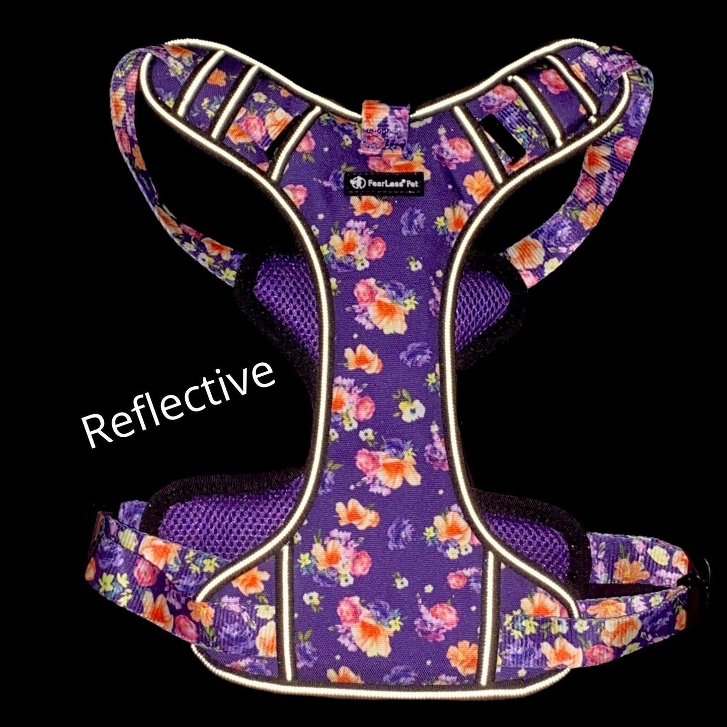 picture of a reflective dog harness in purple with flowers by fearless pet