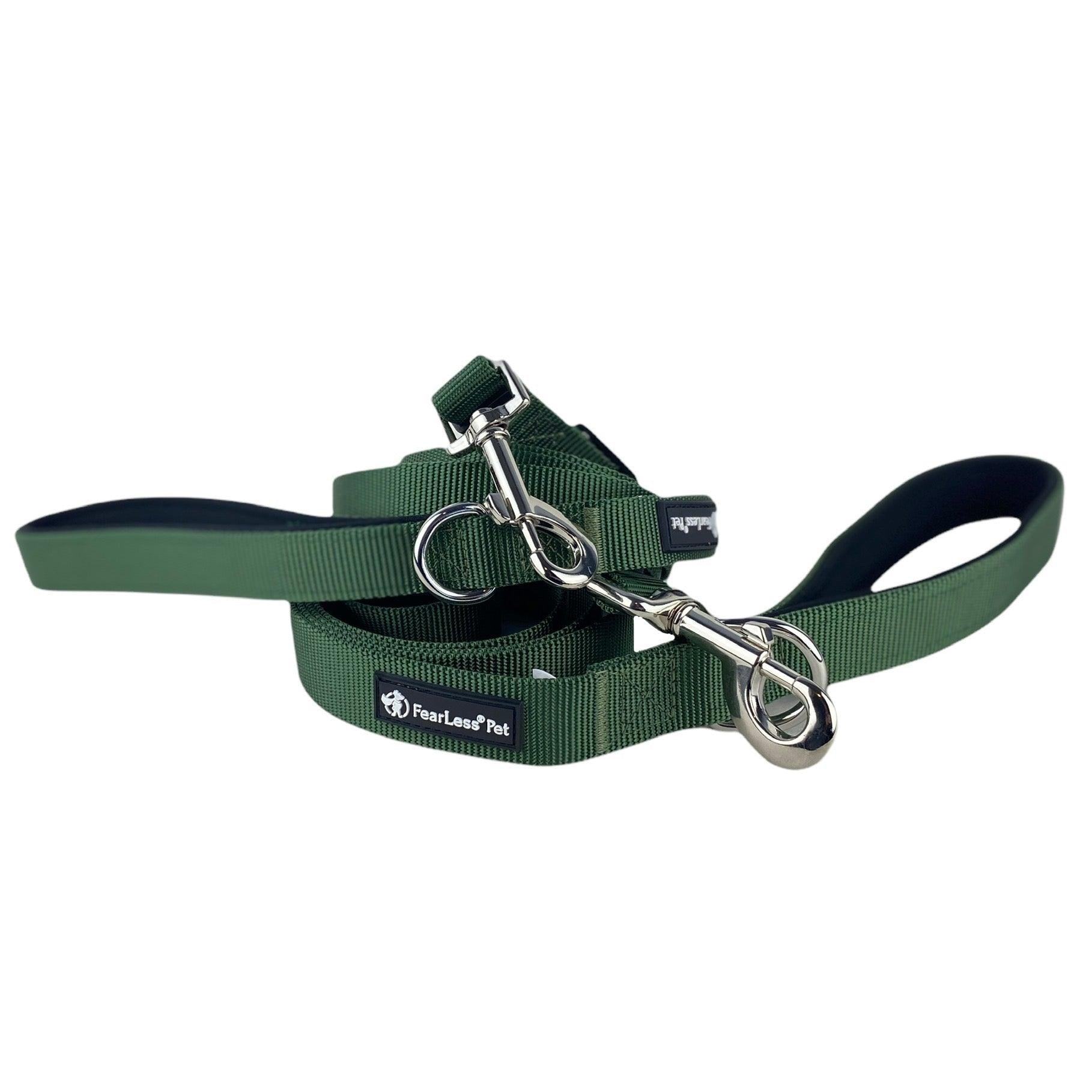 photo of a set of forest green dog leashes from fearless pet
