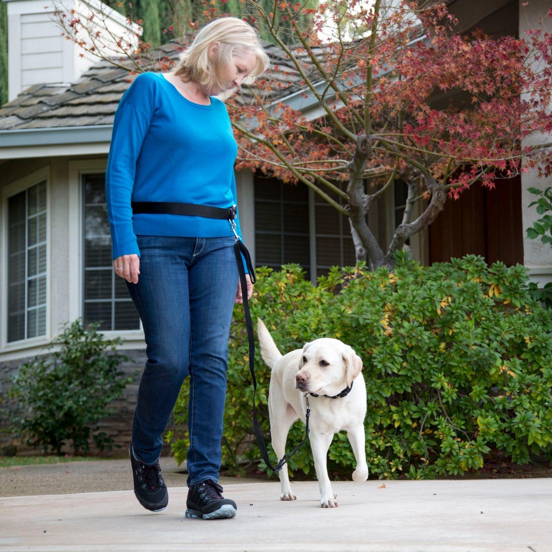 A photo of A blonde woman walking a white Labrador retriever in front of a home